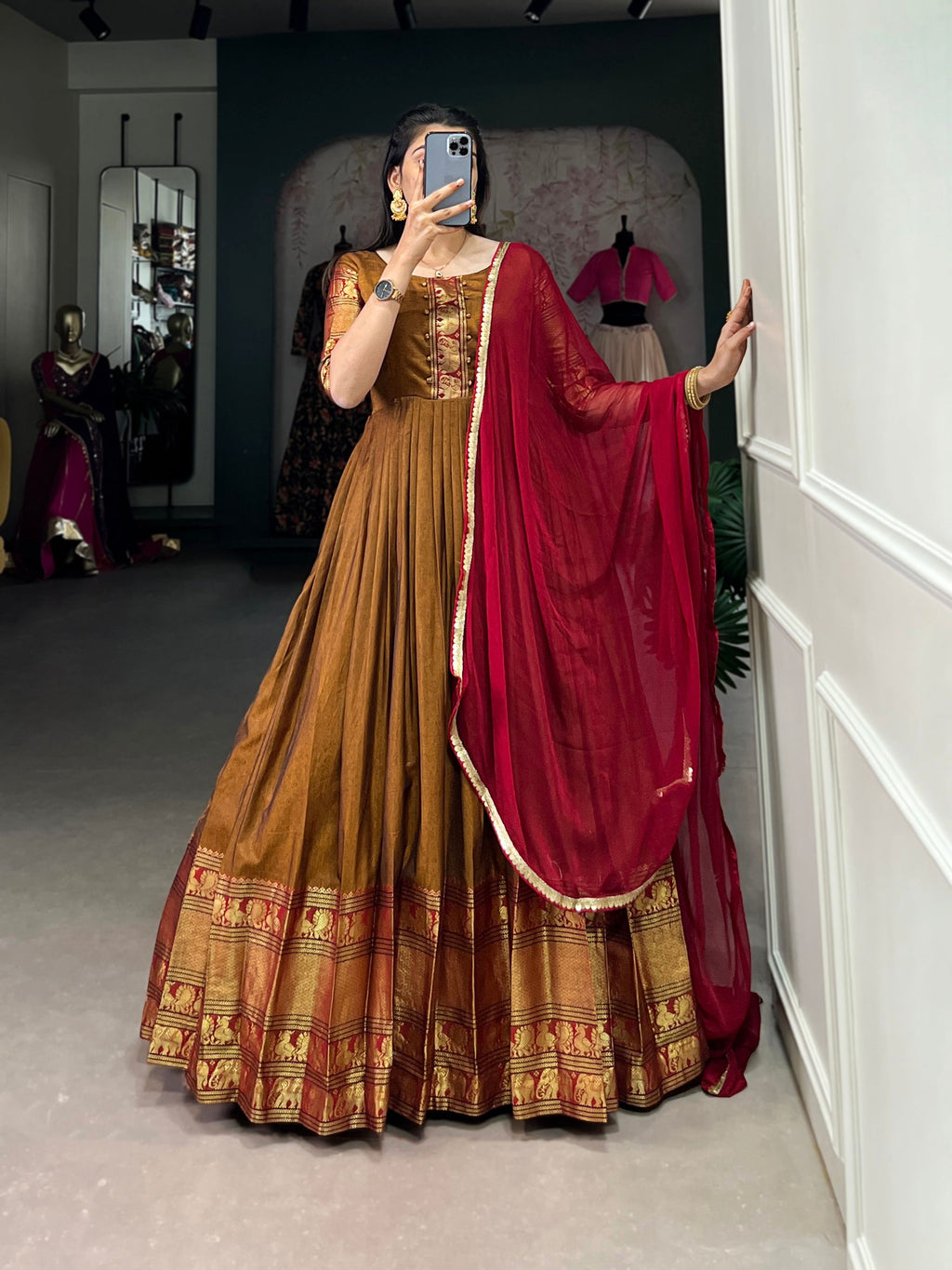 Lorenvalley Fashion Mustard Narayan pet (cotton) Zari weaving work Gown with Dupatta | Grocsy