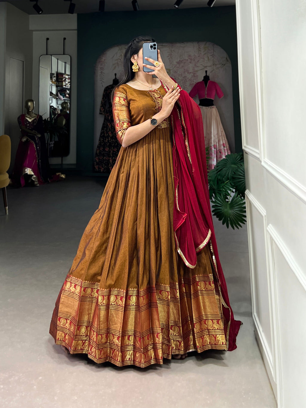 Lorenvalley Fashion Mustard Narayan pet (cotton) Zari weaving work Gown with Dupatta | Grocsy