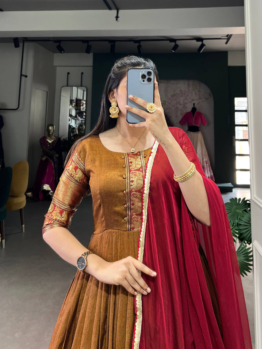 Lorenvalley Fashion Mustard Narayan pet (cotton) Zari weaving work Gown with Dupatta | Grocsy