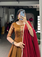 Lorenvalley Fashion Mustard Narayan pet (cotton) Zari weaving work Gown with Dupatta | Grocsy