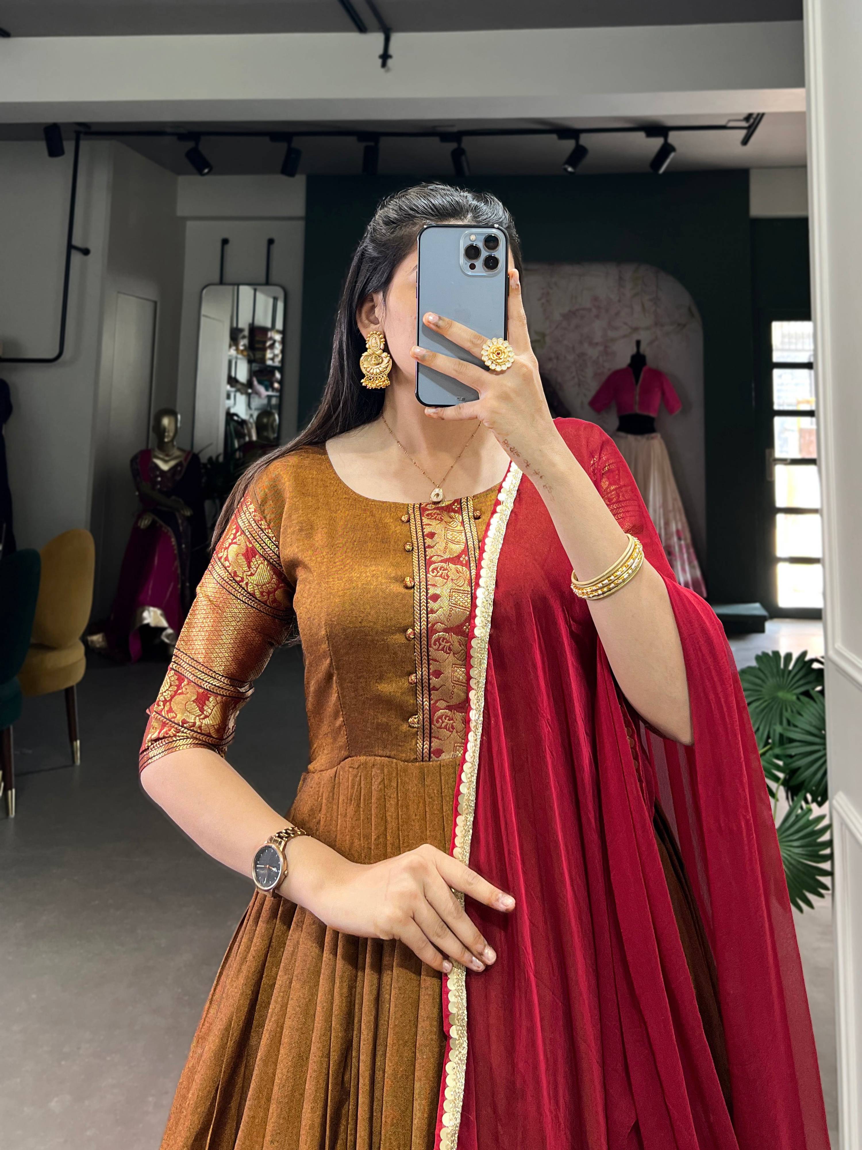 Lorenvalley Fashion Mustard Narayan pet (cotton) Zari weaving work Gown with Dupatta | Grocsy