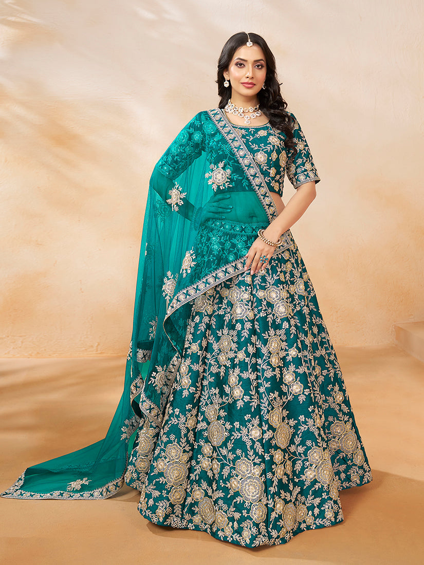Monjolika Fashion Embroidered Art Silk Trendy Lehenga Choli In Turquoise | Grocsy