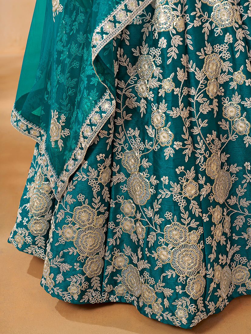 Monjolika Fashion Embroidered Art Silk Trendy Lehenga Choli In Turquoise | Grocsy