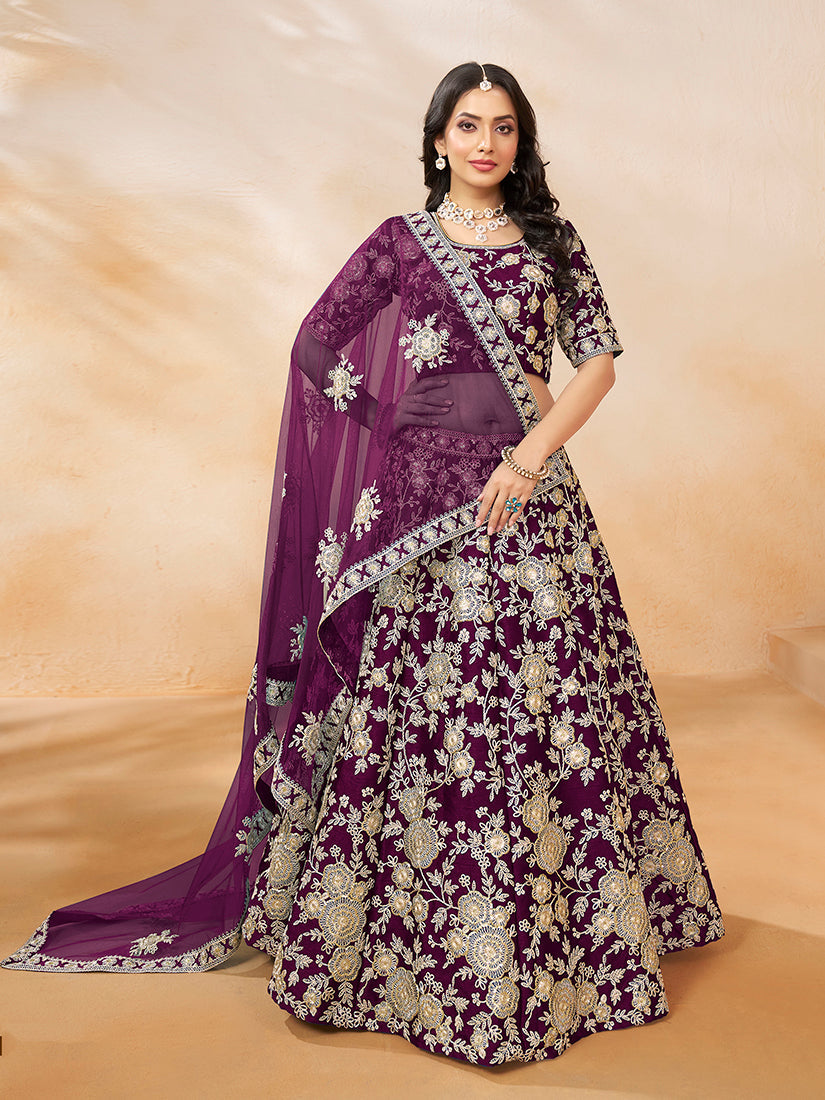 Monjolika Fashion Embroidered Art Silk Purple Lehenga Choli | Grocsy