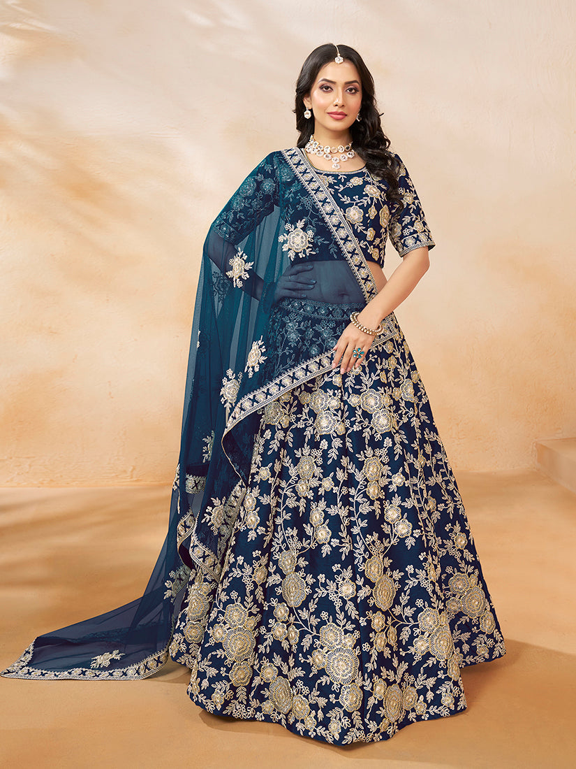 Monjolika Fashion Embroidered Art Silk Navy Blue Designer Lehenga Choli | Grocsy