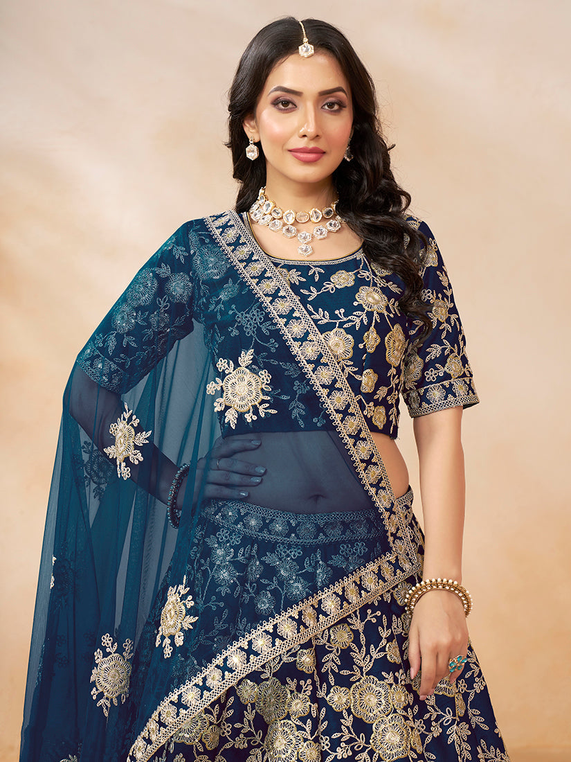 Monjolika Fashion Embroidered Art Silk Navy Blue Designer Lehenga Choli | Grocsy
