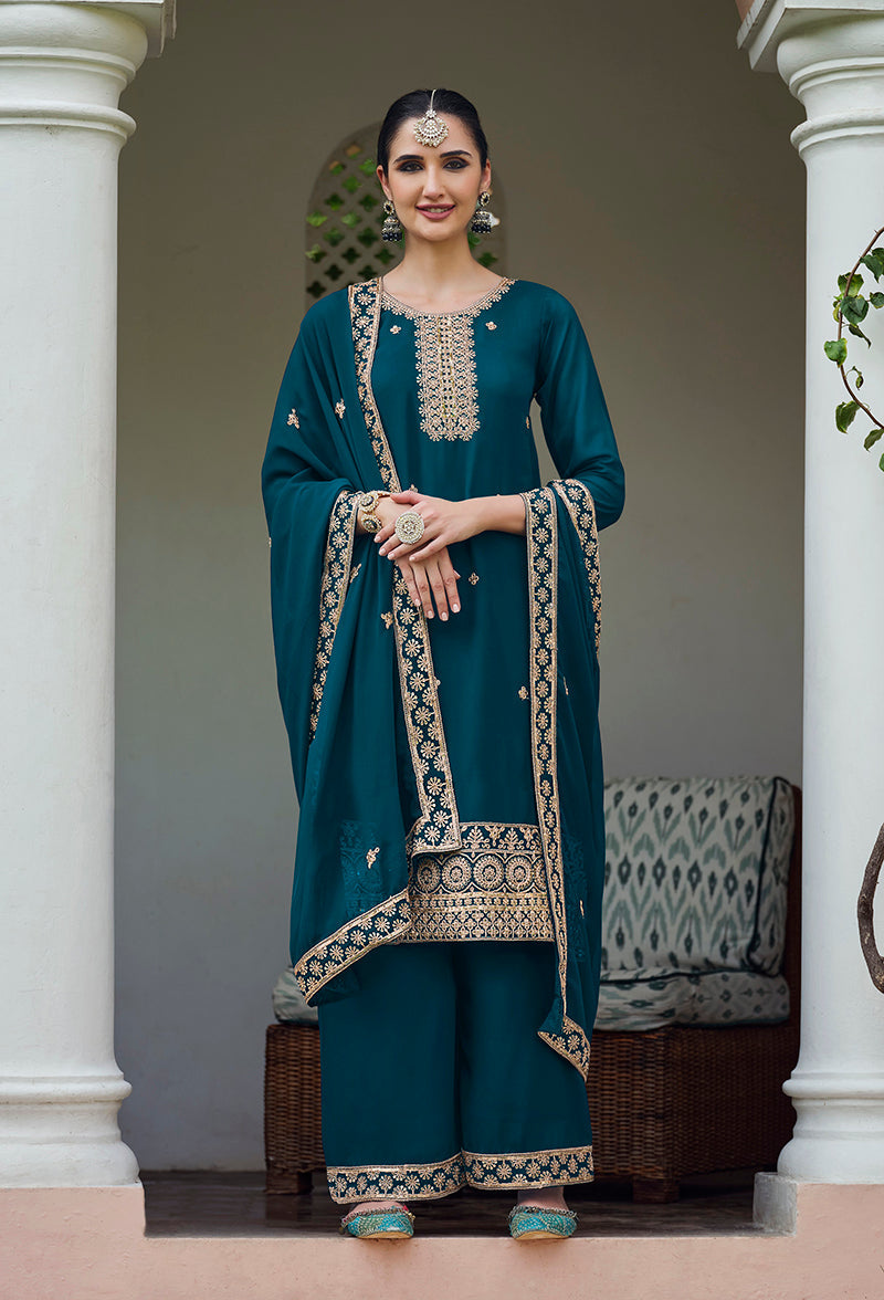 Monjolika Fashion Georgette Dark Teal Embroidered Designer Salwar Kameez | Grocsy