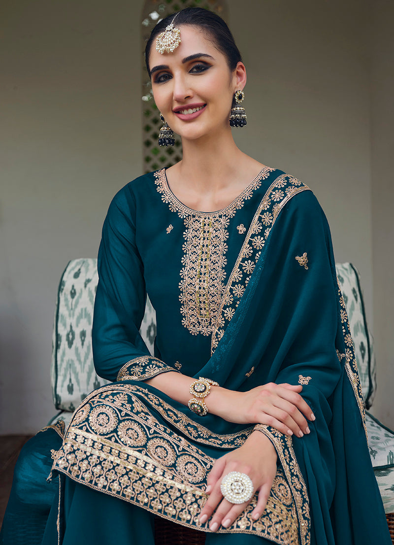 Monjolika Fashion Georgette Dark Teal Embroidered Designer Salwar Kameez | Grocsy