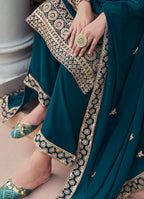 Monjolika Fashion Georgette Dark Teal Embroidered Designer Salwar Kameez | Grocsy