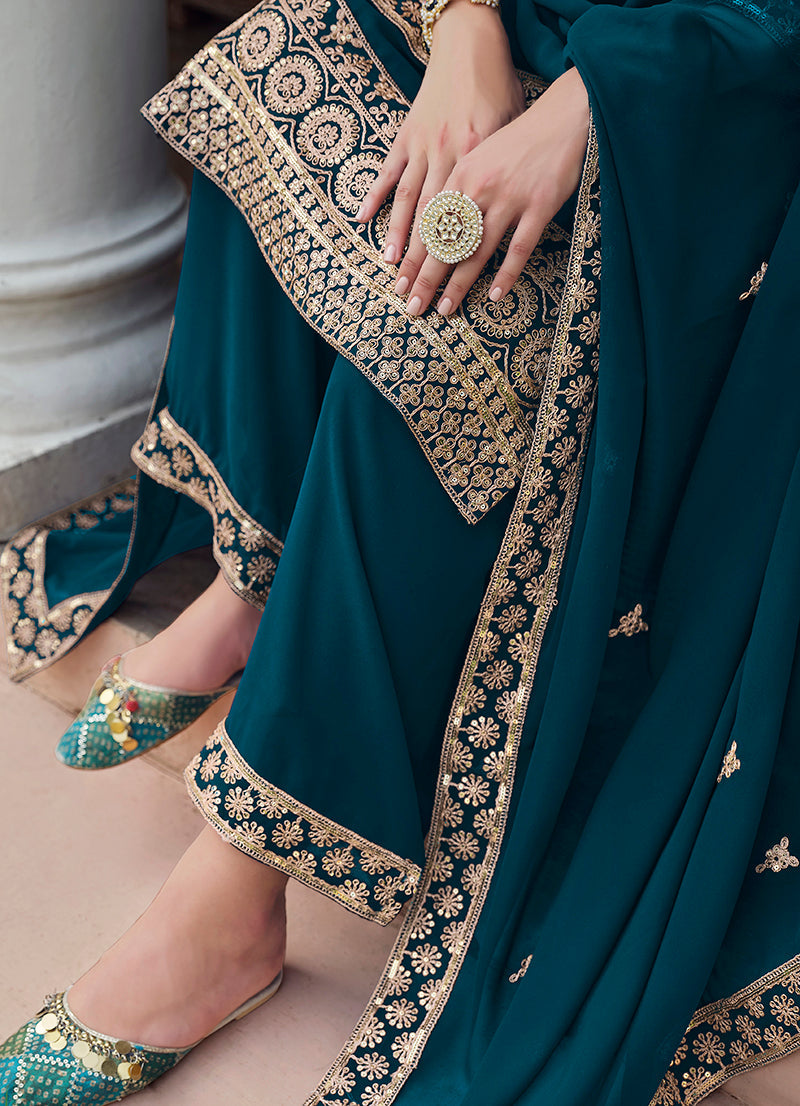 Monjolika Fashion Georgette Dark Teal Embroidered Designer Salwar Kameez | Grocsy
