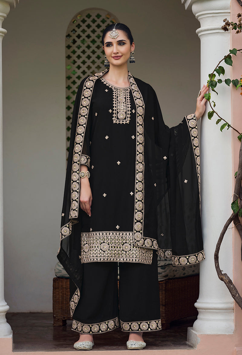 Monjolika Fashion Georgette Embroidered Black Salwar Kameez | Grocsy