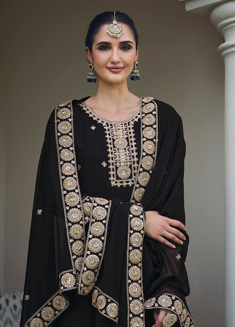 Monjolika Fashion Georgette Embroidered Black Salwar Kameez | Grocsy