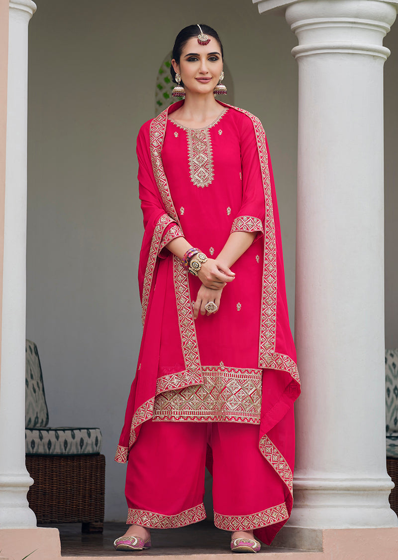 Monjolika Fashion Embroidered Georgette Rani Pink Trendy Salwar Kameez | Grocsy