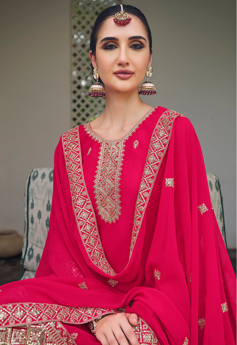 Monjolika Fashion Embroidered Georgette Rani Pink Trendy Salwar Kameez | Grocsy