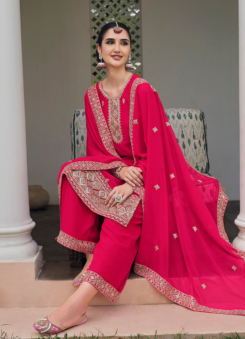 Monjolika Fashion Embroidered Georgette Rani Pink Trendy Salwar Kameez | Grocsy