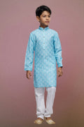 Raivat Ethnic Cotton Thread Work Kids Kurta Pajama In Sky Blue Colour | Grocsy