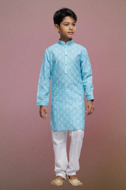 Raivat Ethnic Cotton Thread Work Kids Kurta Pajama In Sky Blue Colour | Grocsy