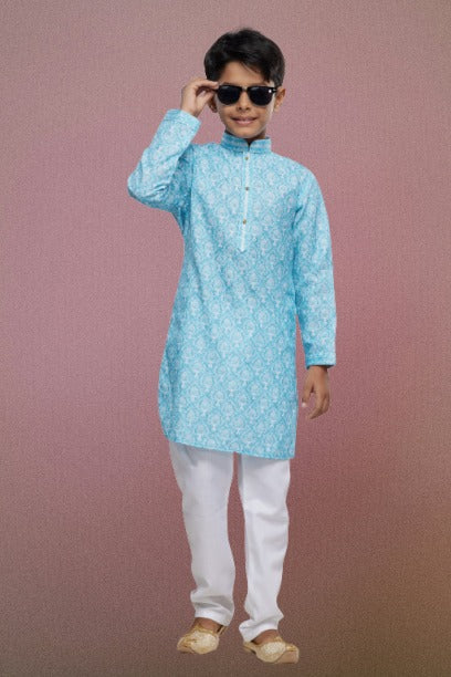 Raivat Ethnic Cotton Thread Work Kids Kurta Pajama In Sky Blue Colour | Grocsy