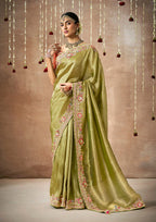 Monjolika Fashion Organza Silk Embroidered Bollywood Saree In Green | Grocsy