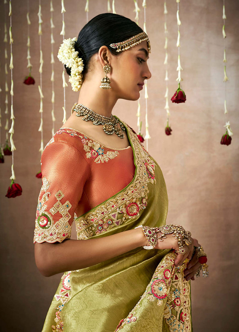 Monjolika Fashion Organza Silk Embroidered Bollywood Saree In Green | Grocsy