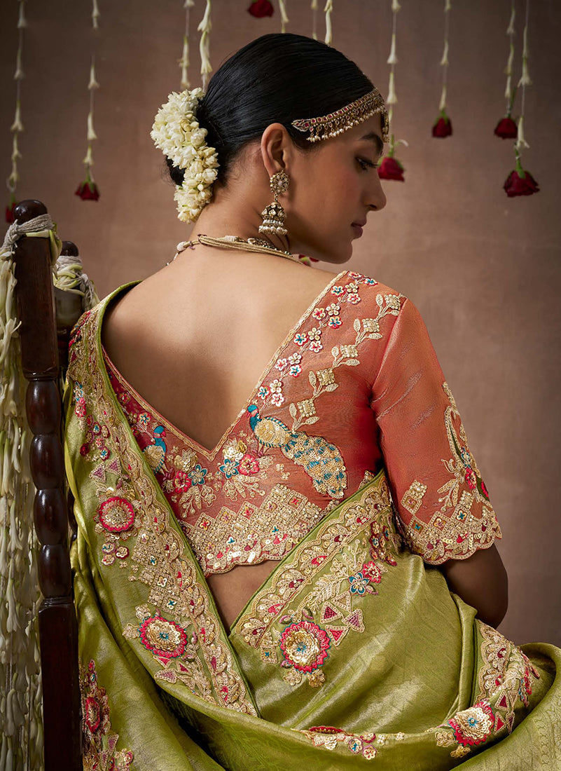 Monjolika Fashion Organza Silk Embroidered Bollywood Saree In Green | Grocsy