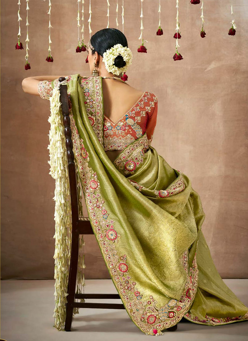 Monjolika Fashion Organza Silk Embroidered Bollywood Saree In Green | Grocsy