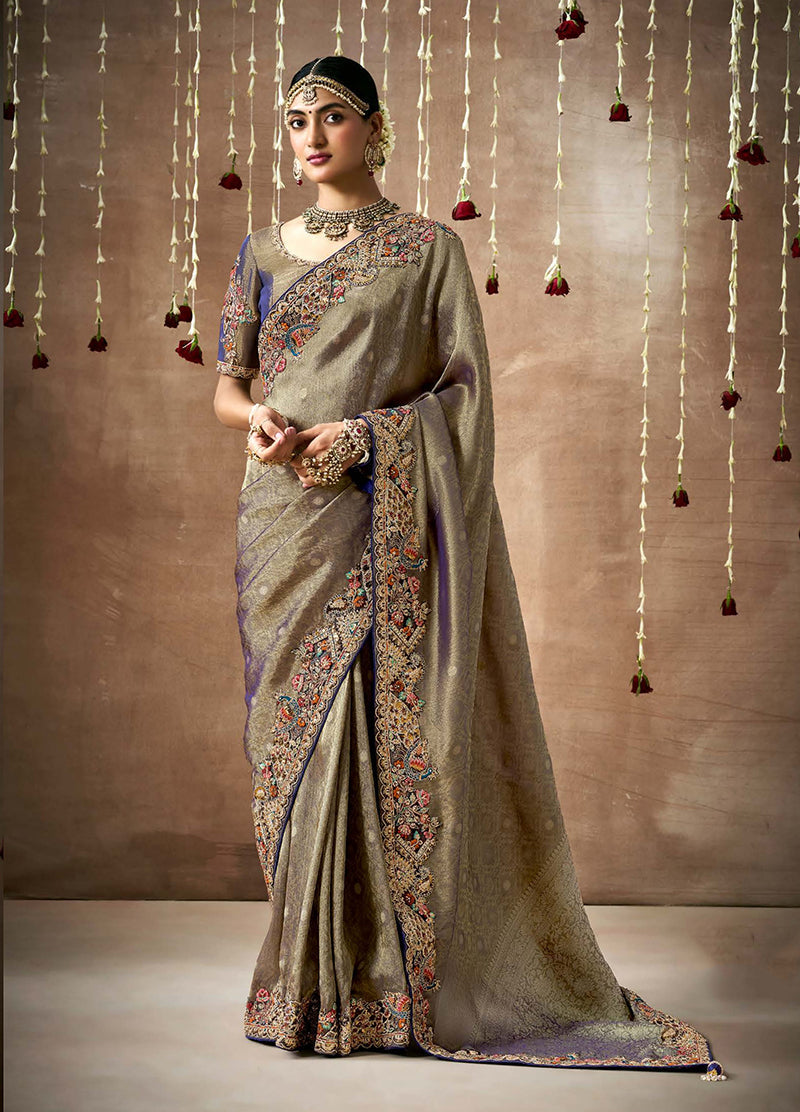 Monjolika Fashion Embroidered Organza Silk Grey Classic Saree | Grocsy