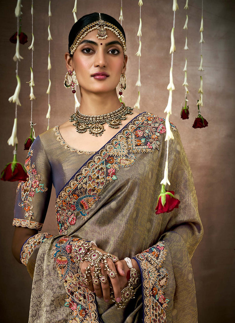 Monjolika Fashion Embroidered Organza Silk Grey Classic Saree | Grocsy
