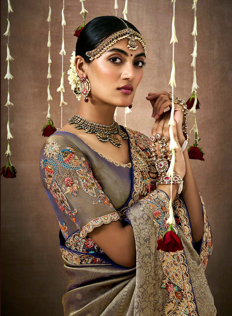 Monjolika Fashion Embroidered Organza Silk Grey Classic Saree | Grocsy