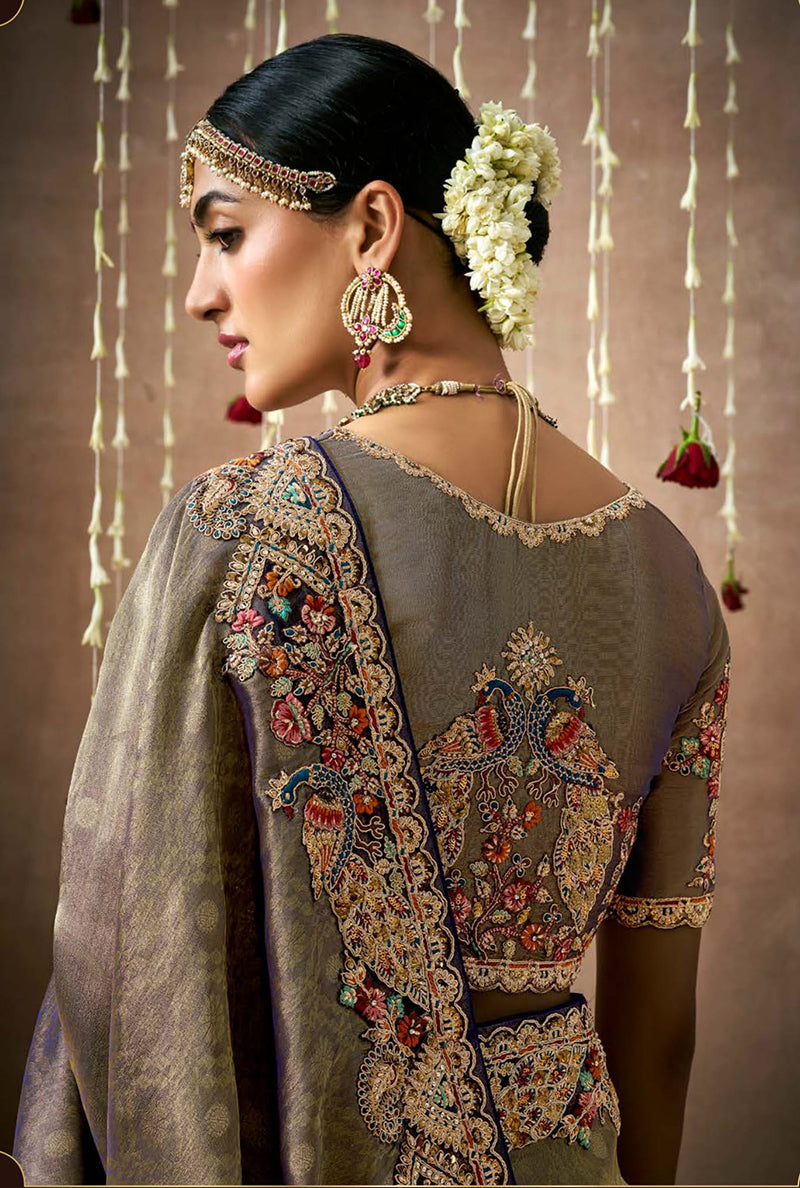 Monjolika Fashion Embroidered Organza Silk Grey Classic Saree | Grocsy