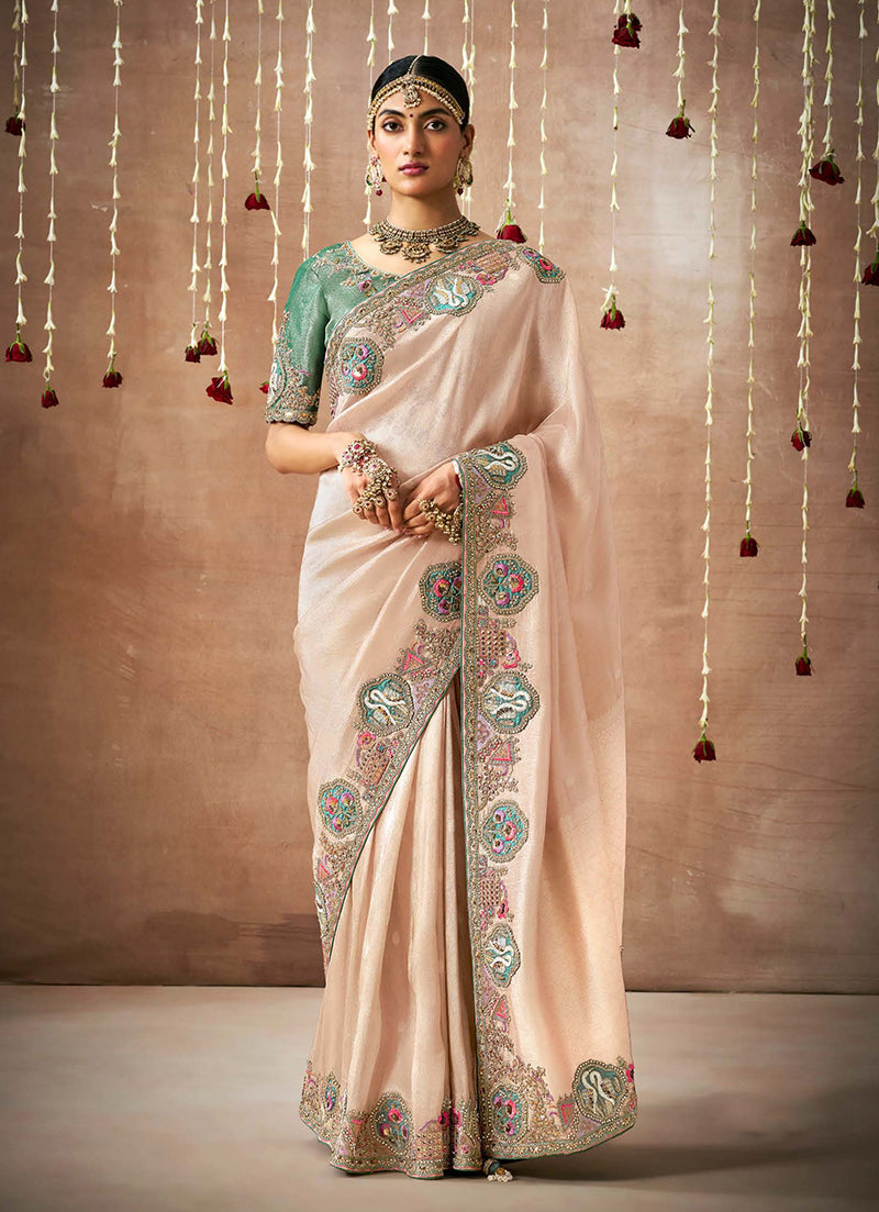 Monjolika Fashion Organza Silk Embroidered Light Peach Contemporary Saree | Grocsy