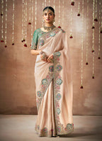 Monjolika Fashion Organza Silk Embroidered Light Peach Contemporary Saree | Grocsy