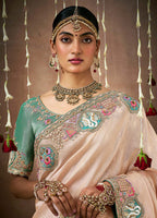 Monjolika Fashion Organza Silk Embroidered Light Peach Contemporary Saree | Grocsy