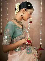 Monjolika Fashion Organza Silk Embroidered Light Peach Contemporary Saree | Grocsy