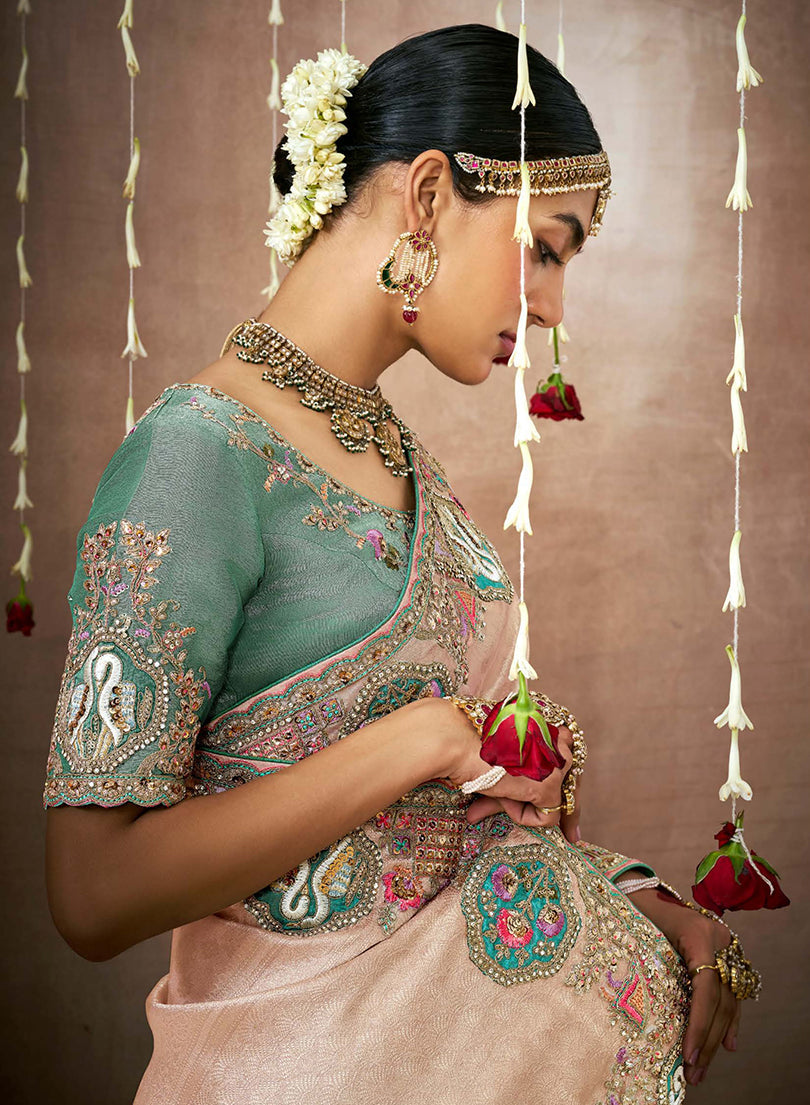 Monjolika Fashion Organza Silk Embroidered Light Peach Contemporary Saree | Grocsy