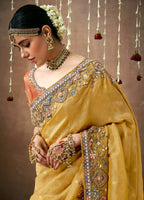 Monjolika Fashion Organza Embroidered Mustard Designer Bollywood Saree | Grocsy