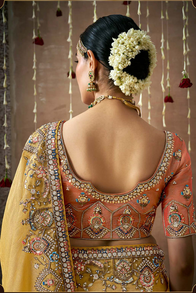 Monjolika Fashion Organza Embroidered Mustard Designer Bollywood Saree | Grocsy