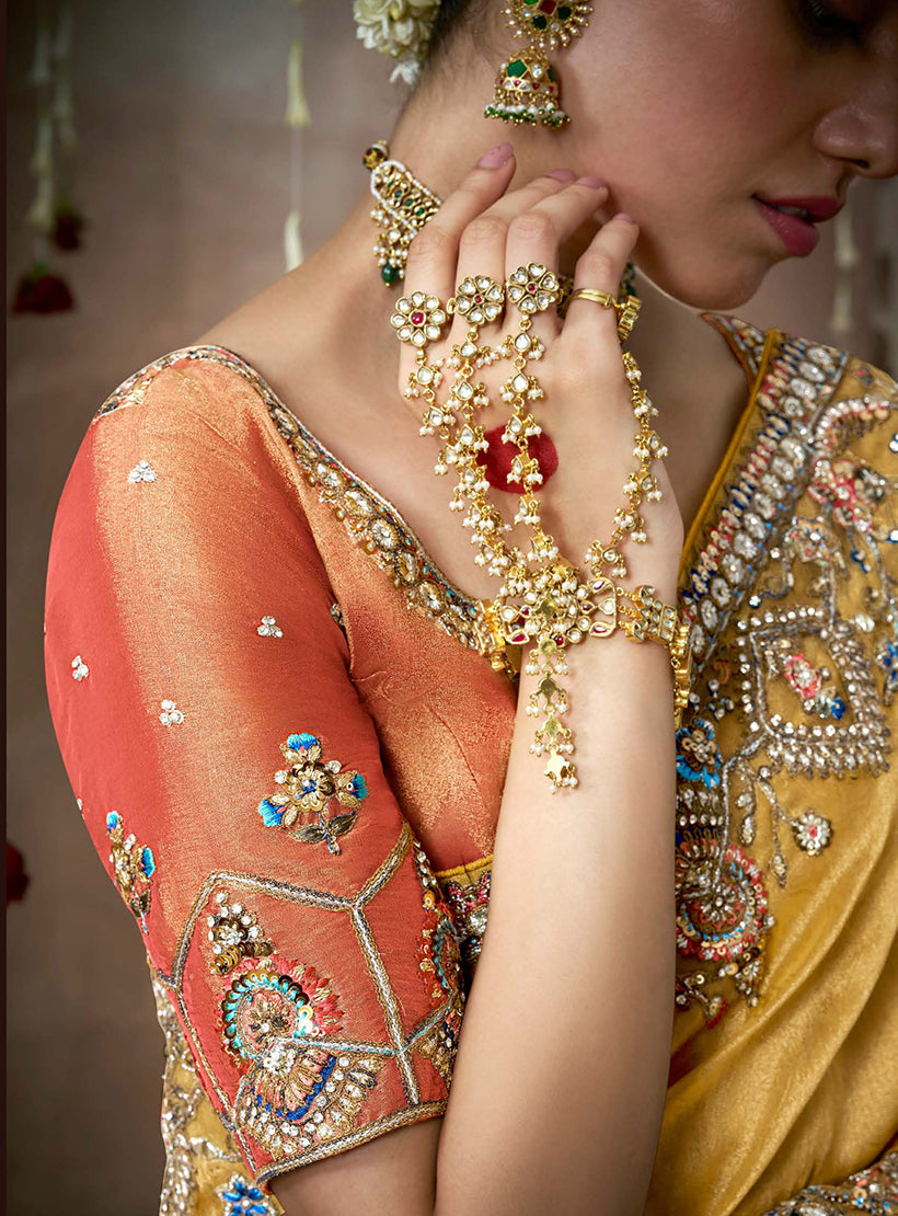 Monjolika Fashion Organza Embroidered Mustard Designer Bollywood Saree | Grocsy