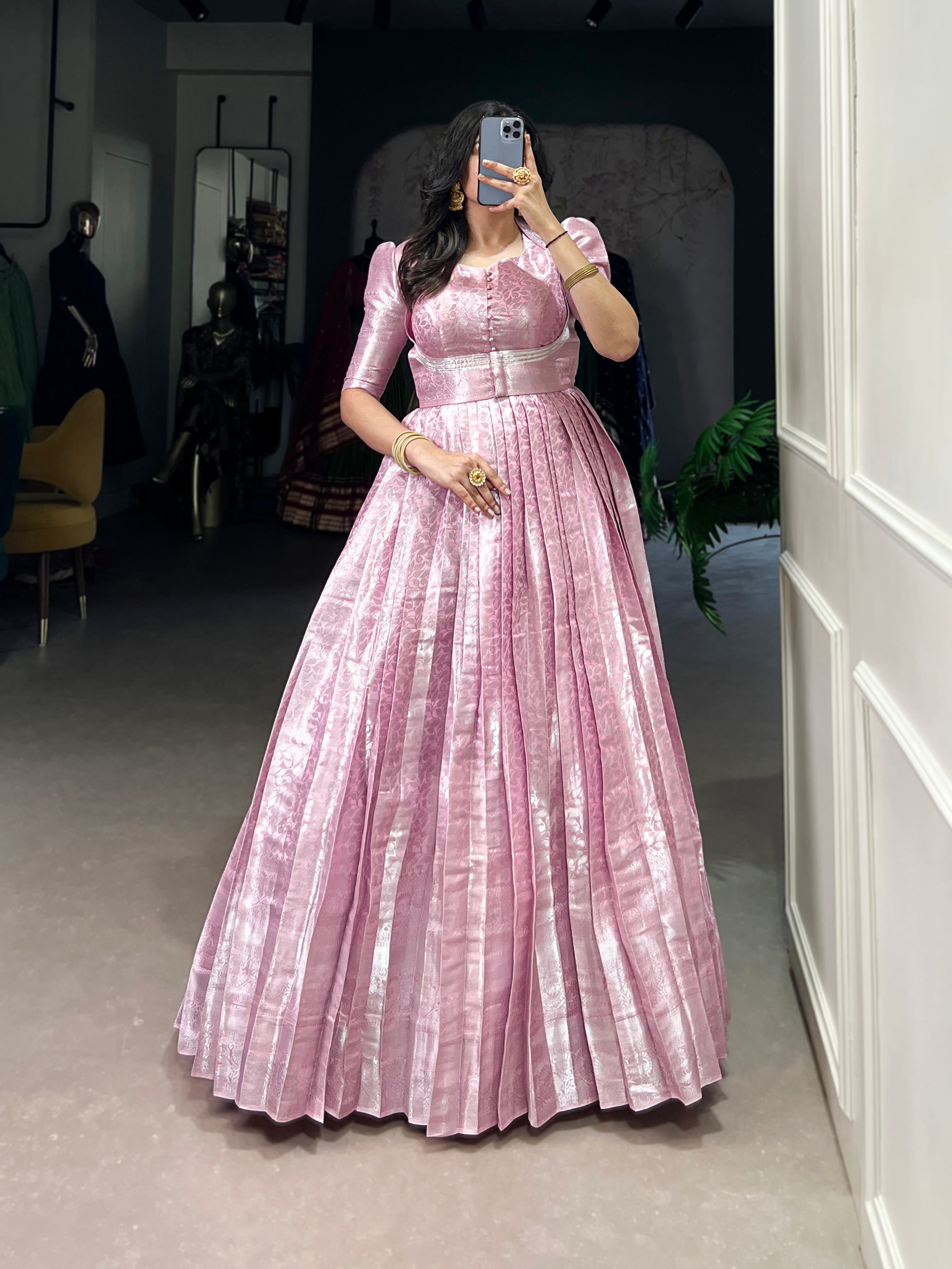 Lorenvalley Fashion Pink Kanjivaram Zari Weaving Work With Lace Touch Up Gown with Koti | Grocsy