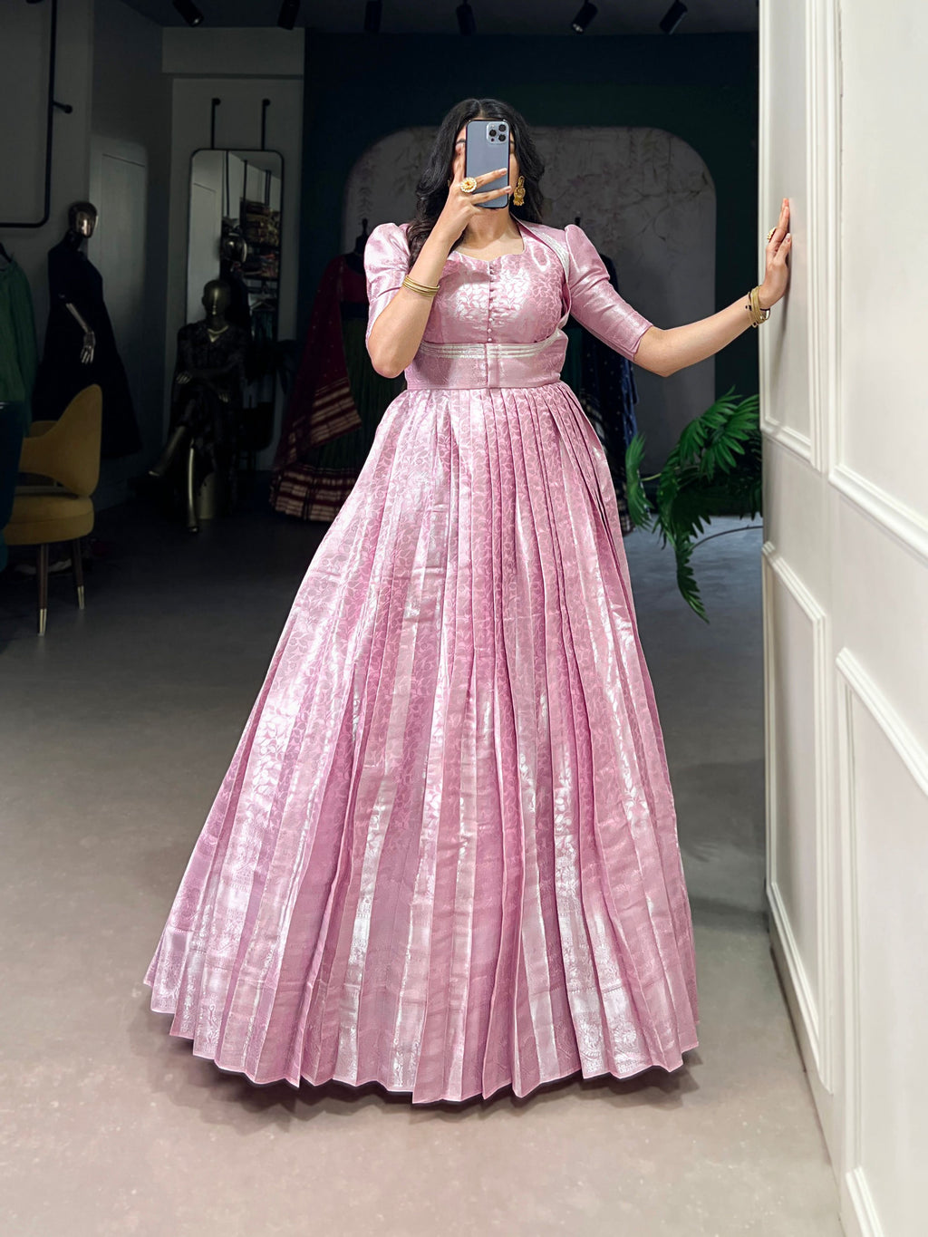 Lorenvalley Fashion Pink Kanjivaram Zari Weaving Work With Lace Touch Up Gown with Koti | Grocsy