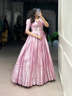 Lorenvalley Fashion Pink Kanjivaram Zari Weaving Work With Lace Touch Up Gown with Koti | Grocsy