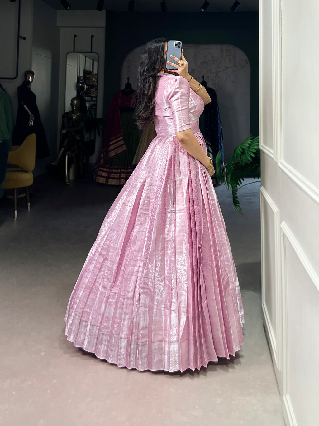 Lorenvalley Fashion Pink Kanjivaram Zari Weaving Work With Lace Touch Up Gown with Koti | Grocsy