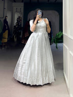Lorenvalley Fashion Off White Kanjivaram Zari Weaving Work With Lace Touch Up Gown with Koti | Grocsy