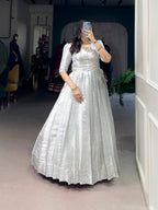 Lorenvalley Fashion Off White Kanjivaram Zari Weaving Work With Lace Touch Up Gown with Koti | Grocsy