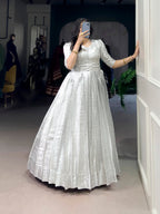 Lorenvalley Fashion Off White Kanjivaram Zari Weaving Work With Lace Touch Up Gown with Koti | Grocsy