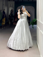 Lorenvalley Fashion Off White Kanjivaram Zari Weaving Work With Lace Touch Up Gown with Koti | Grocsy