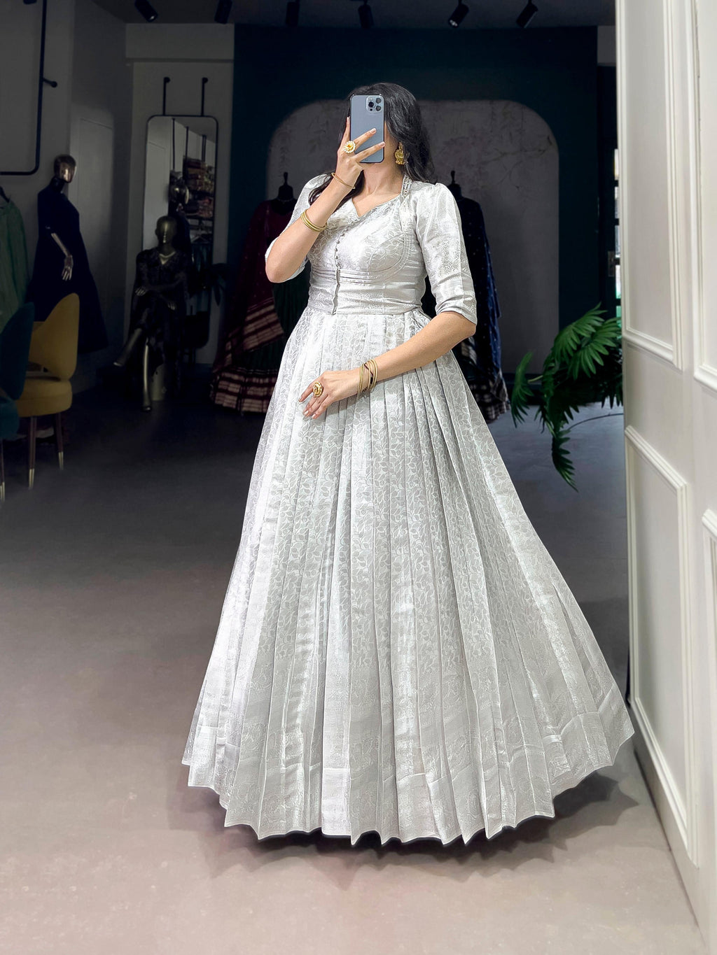 Lorenvalley Fashion Off White Kanjivaram Zari Weaving Work With Lace Touch Up Gown with Koti | Grocsy