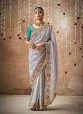 Monjolika Fashion Organza Silk Embroidered Contemporary Style Saree In Light Grey | Grocsy