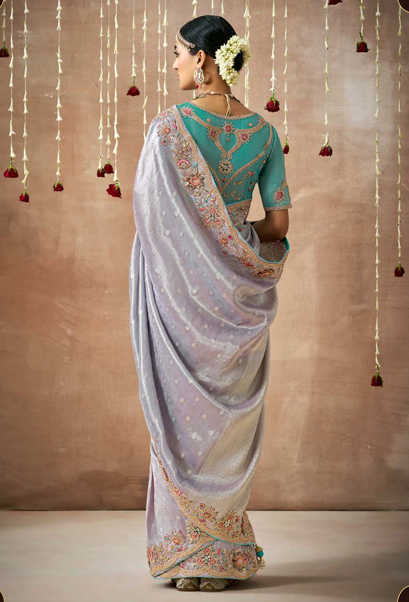 Monjolika Fashion Organza Silk Embroidered Contemporary Style Saree In Light Grey | Grocsy