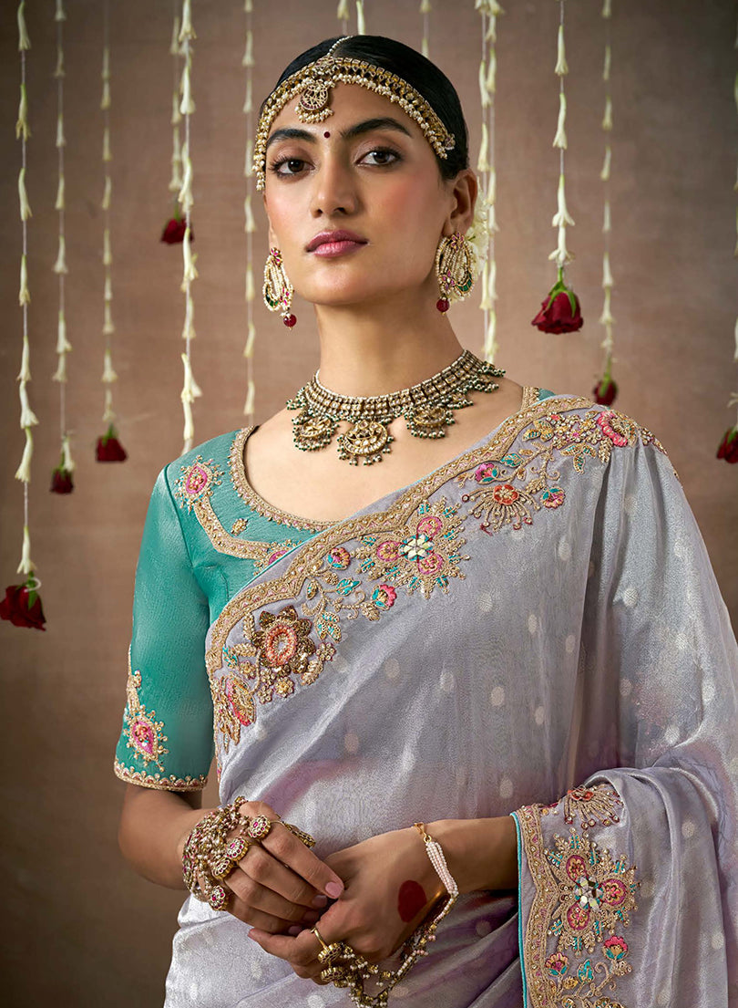 Monjolika Fashion Organza Silk Embroidered Contemporary Style Saree In Light Grey | Grocsy